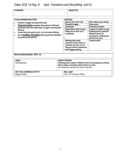 Early Childhood Education A Unit 2 Day 1 Lesson Plan Transitions Storytelling Teaching Resources