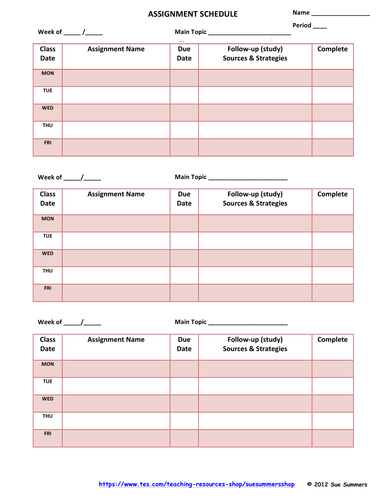 Student Assignment Schedule - 3 Week Log / Agenda