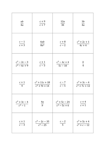 Simplifying Algebraic Fractions with Quadratic Expressions Match Up