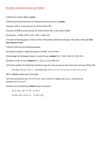 Number and place value worksheet