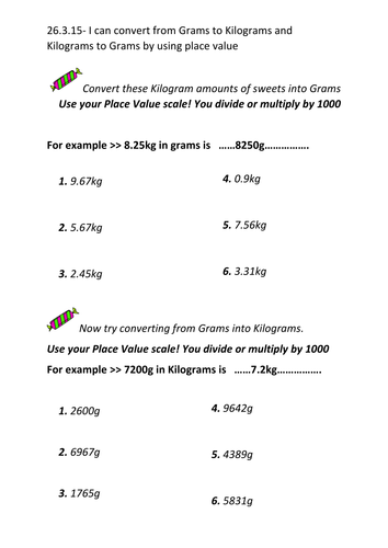 KG into G and G into KG worksheet; using place value