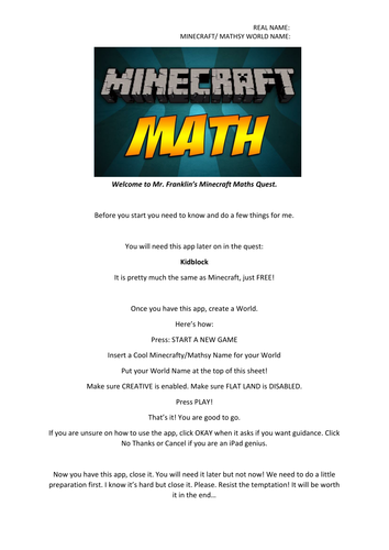 Minecraft Math Project Part 1
