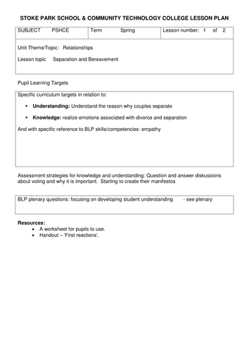 Year 8 unit of work on separation and bereavement