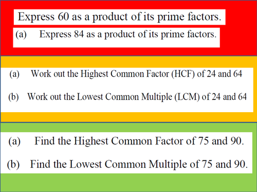 HCF LCM Prime Factor Decomposition Starter