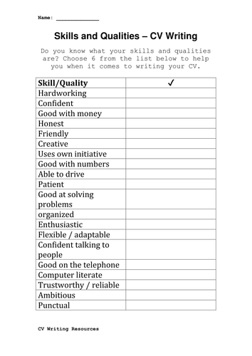 CV Writing Skills Worksheet