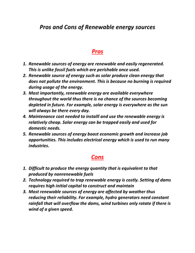 Pros and Cons of Renewable energy sources