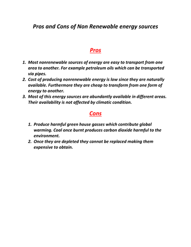 Pros and Cons of Non Renewable energy sources