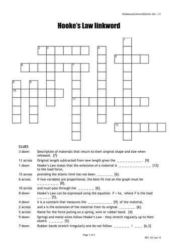 Hooke's Law crossword quick starter activity