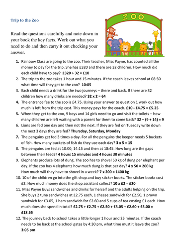 Trip to the Zoo - Y3 Mixed Math questions