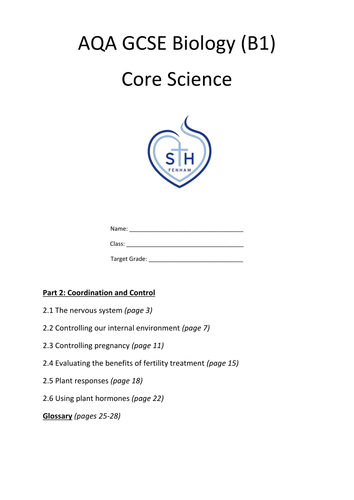 AQA Core B1 Workbook Part 2 Coordination and Control | Teaching Resources