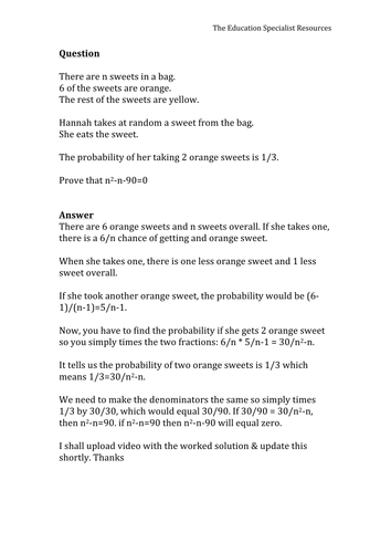 Hannahs Sweets GCSE Math Worked Solution