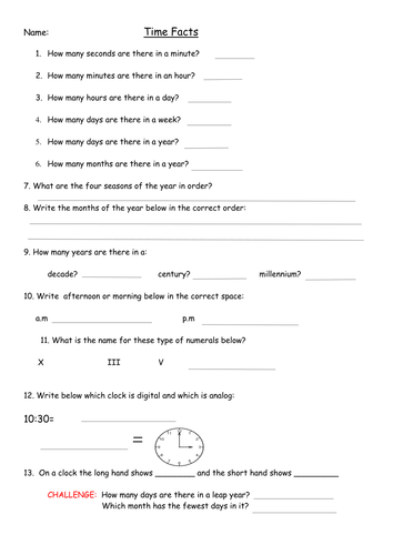 Time Revision Facts | Teaching Resources