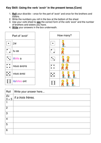 Dice grids to generate speaking and writing using avoir and brothers and sisters