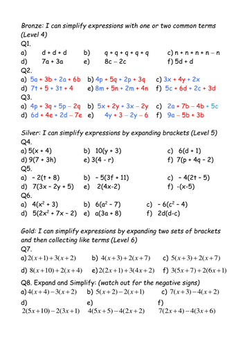 expand brackets and simplify expressions differentiated worksheet by