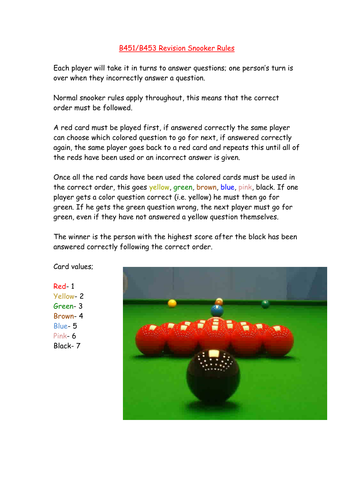 GCSE PE Revision Snooker Game B451/B453