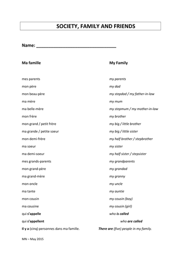 Vocabulary list on self, family relationships and chores