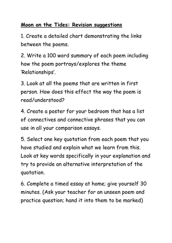 AQA GCSE English Literature Moon on the Tides revision suggestions