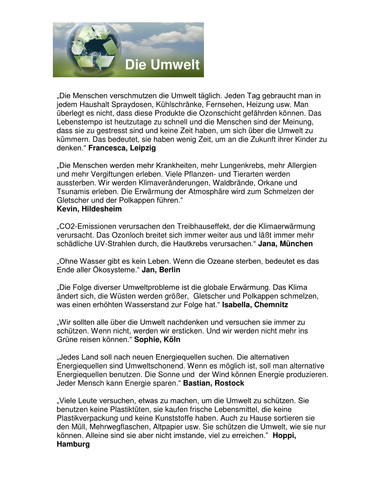 UMWELT Text und Aufgaben