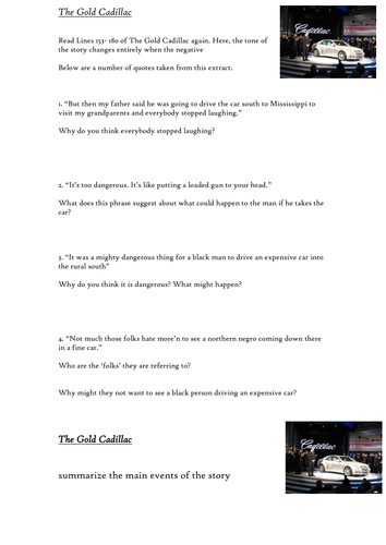 The Gold Cadillac short story resources