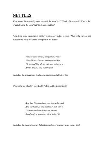 Nettles poem comprehension sheet
