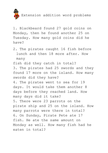 Pirate themed addition word problems