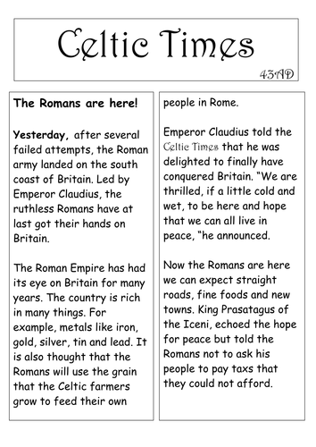 Roman invasion of Britain newspaper model recount text.