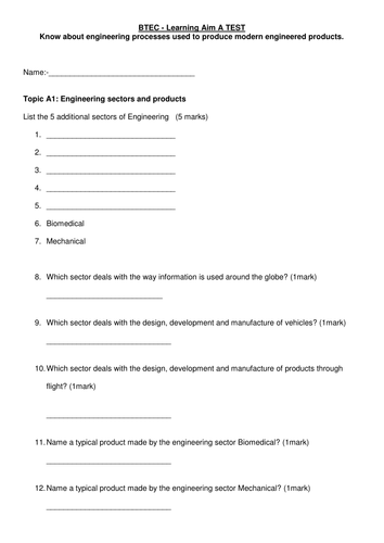 Practice test for BTEC Engineering level 2 Unit 1