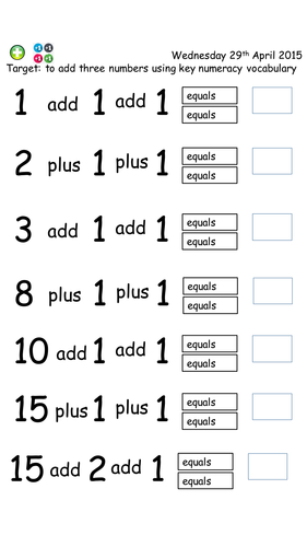 Introduction to addition vocabulary (adding three numbers)