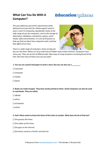 Printed Quiz on KS1 Computing - What Can You Do With A Computer?