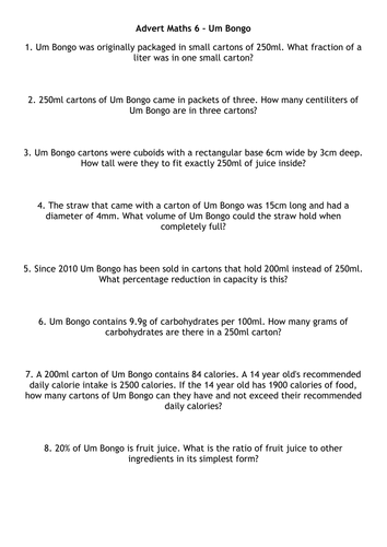 Advert Math 6 - Um Bongo - Measures and Volume