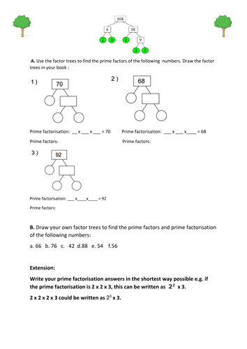 prime factors and highest common factor worksheet differentiated