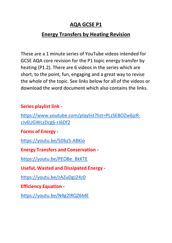 AQA GCSE P1 Using Energy Revision