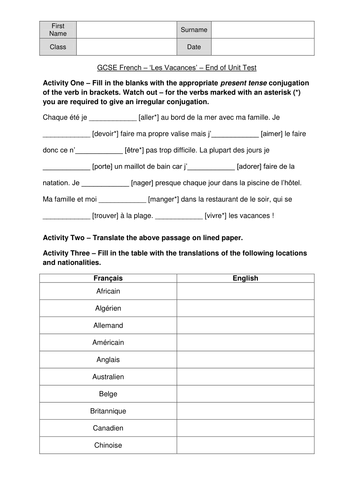 GCSE French Holidays - End of Unit Test/Revision Aid