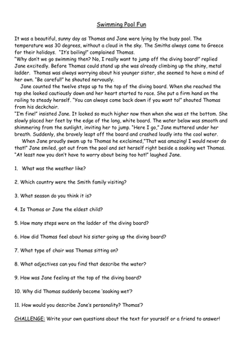 Swimming Pool Fun Comprehension (Y2/3)