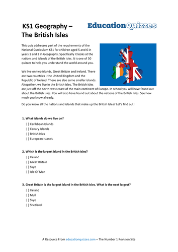 Printed Quiz on KS1 Geography - The British Isles