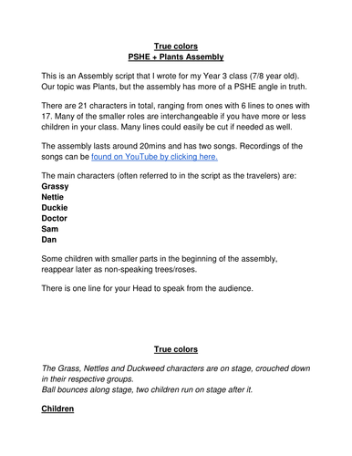 PSHE + Plants Assembly Script and Songs
