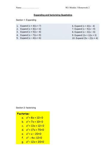 Expanding and Factorizing Quadratics Homework with Target Tasks