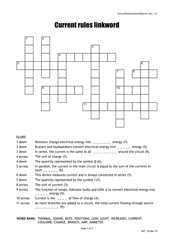Current Rules crossword quick starter activity