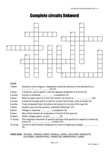 Complete Circuits crossword quick starter activity