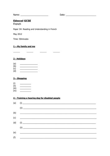 Edexcel GCSE Past Paper Answer Sheets