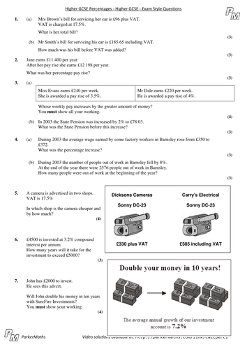 Percentages Using a Calculator - Higher GCSE - Exam Style Questions