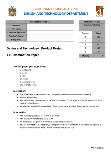 Practice Exam Paper for AQA GCSE Product Design
