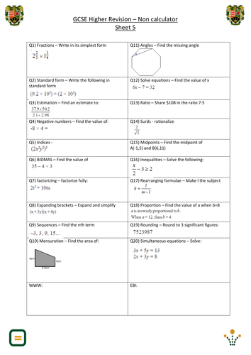 Revision for GCSE higher tier Math