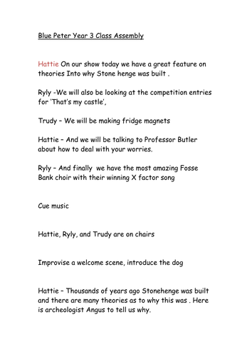 Year 3 assembly based on Blue Peter