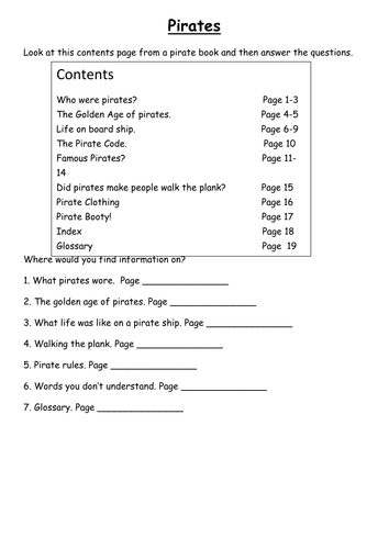 Pirate contents, glossary & index worksheets
