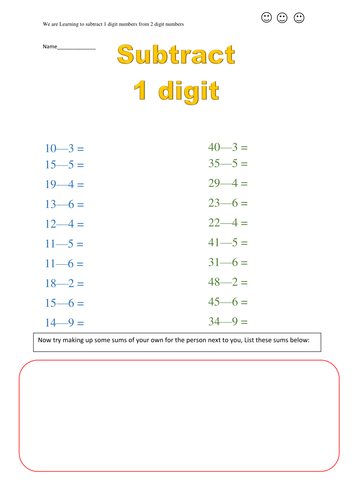 Subtracting 1 digit numbers from 2 digit numbers