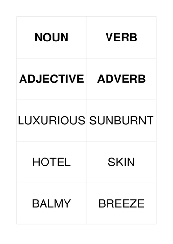 Word class scramble: Noun, verb, adjective, adverb.