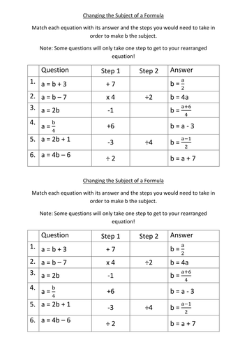 Changing the Subject of a Formula Match Up