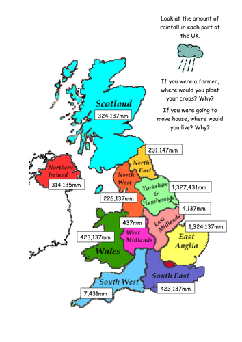 Ordering numbers up to 7-digits - UK map labeled with amount of rainfall