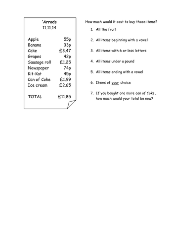 Addition with decimals using a receipt